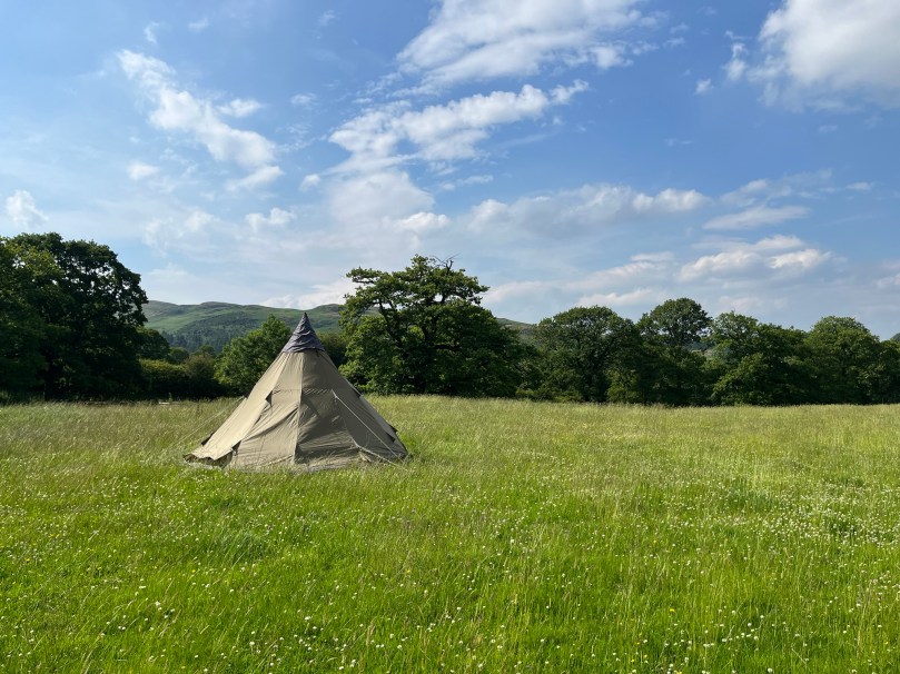 Picture of bell tent in a field with tree line in the distance and blue sky